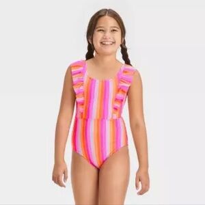 Cat and Jack | one piece striped swimsuit | pink/orange | size XS (4/5)